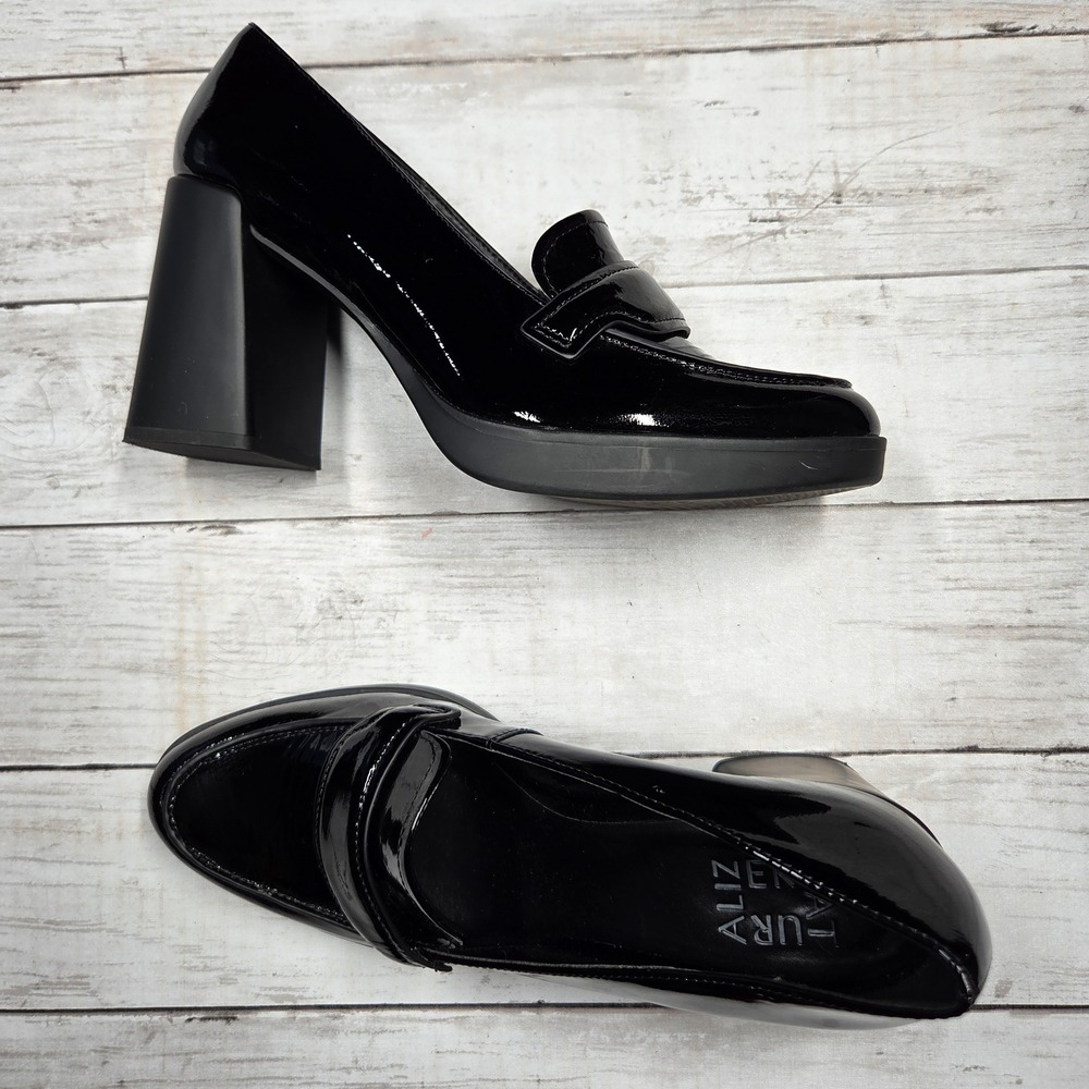Naturalizer Amble Platform Loafer Block Heel Womens 9M Black Patent Leather